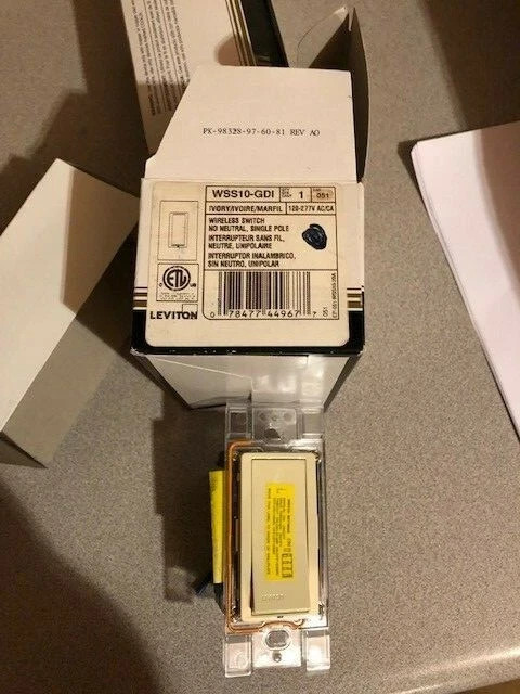 Leviton WSS10-GDI Basic RF Wall Switch Receiver WIRELESS NO NEUTRAL IVORY
