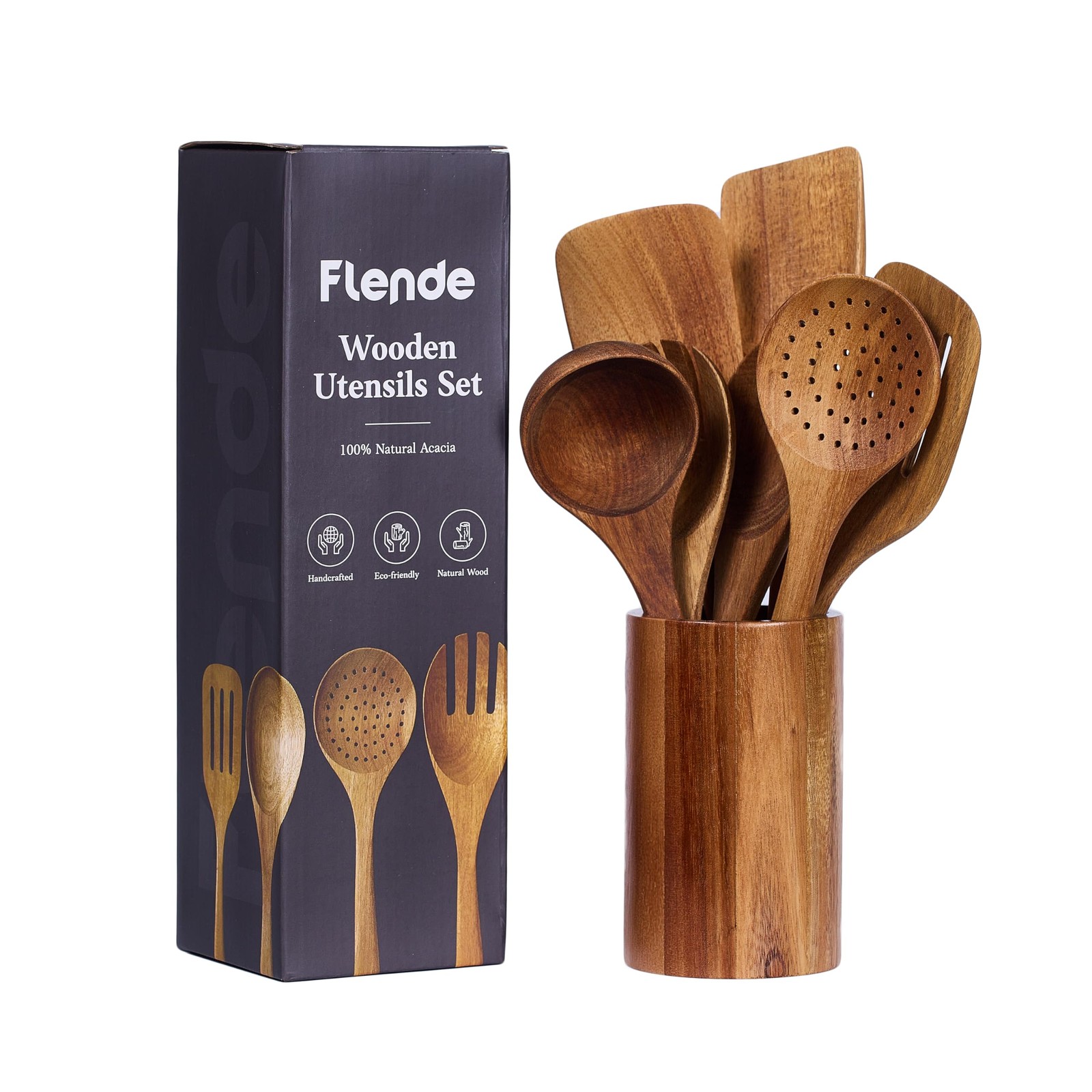 Wooden Cooking Utensils Set 8 PCS Acacia Wood Rustic Non-Scratch Heat Resist