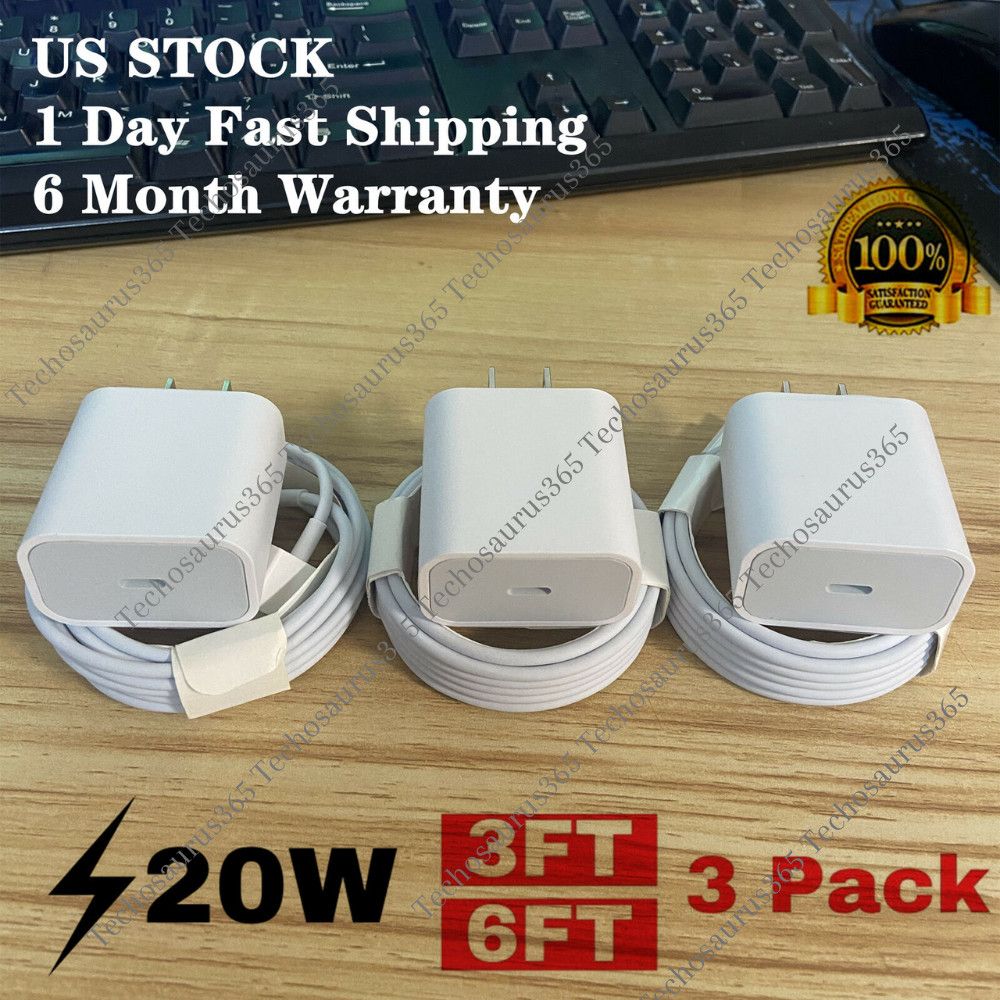 3PACK 20W USB-C Power Adapter For iPhone 14 13 12 11 8 PD Fast Charger Cable LOT