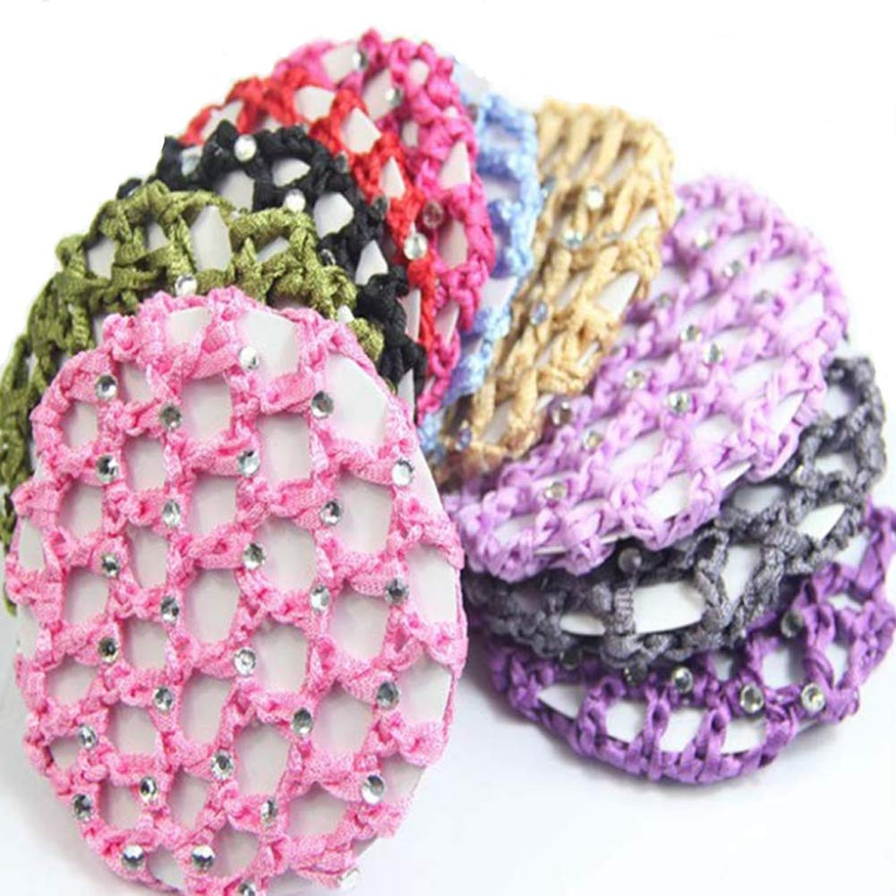 6Pcs Rhinestone Bun Cover Crochet Snood Hair Net Hair Accessories for Women Girl