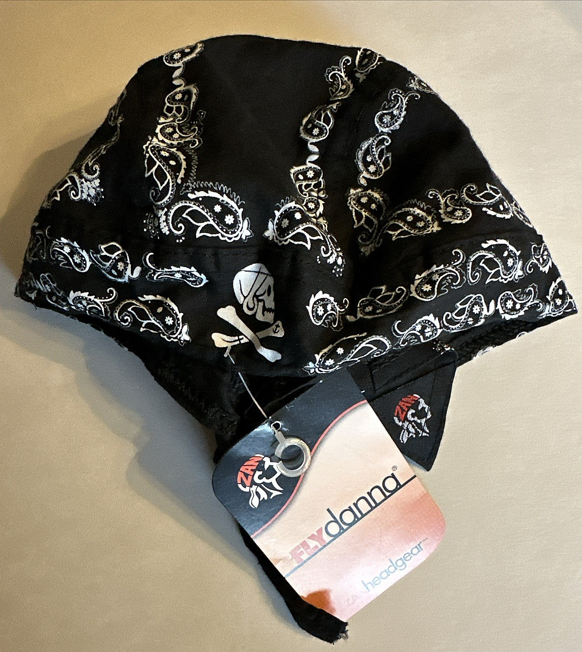 Zan Headgear Flydanna NWT Black and White Paisley with Skull Motorcycle Doo Rag