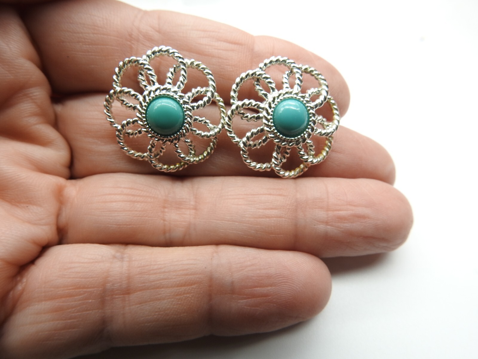 Signed Banana Republic Faux Turquoise Open Work Flower Pierced Earrings Vintage