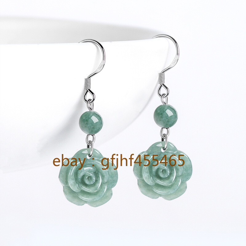 Certificate Natural A-grade Burma Jade Rose Earrings S925 Silver inlay