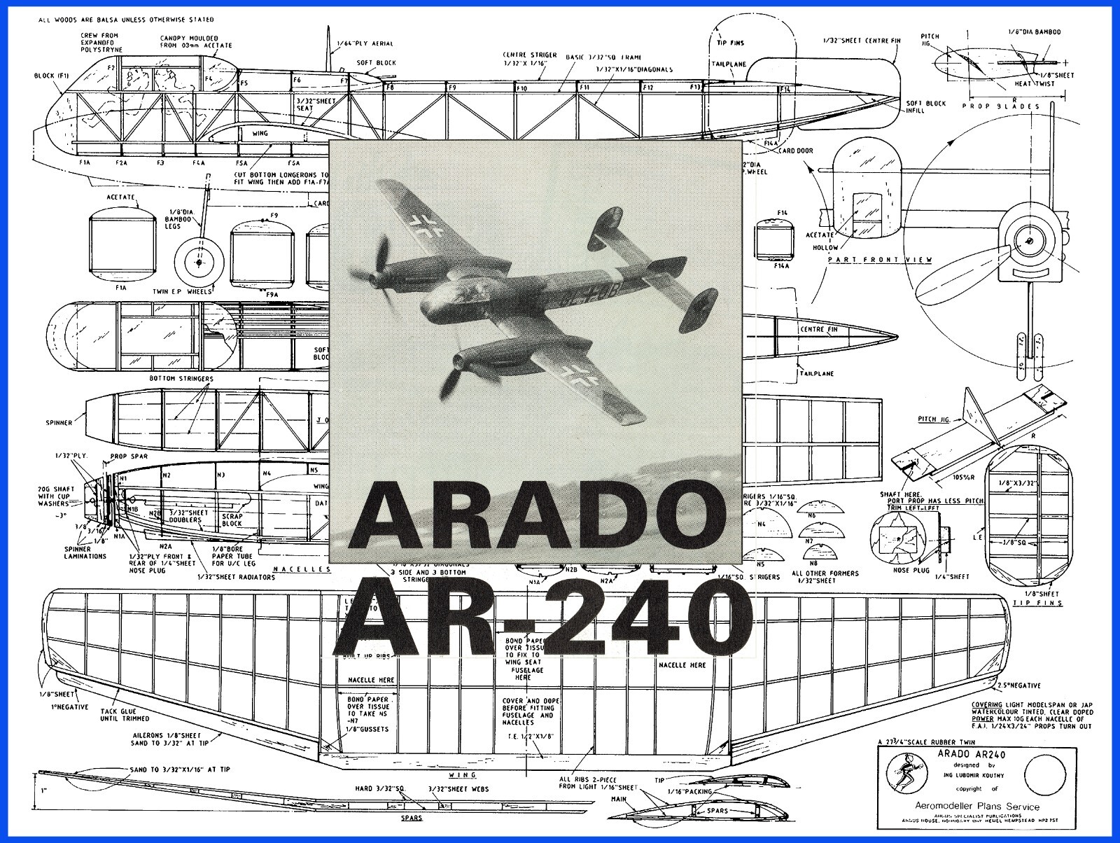 Model Airplane Plans (FF): ARADO AR-240 28" Scale Rubber-Powered Twin
