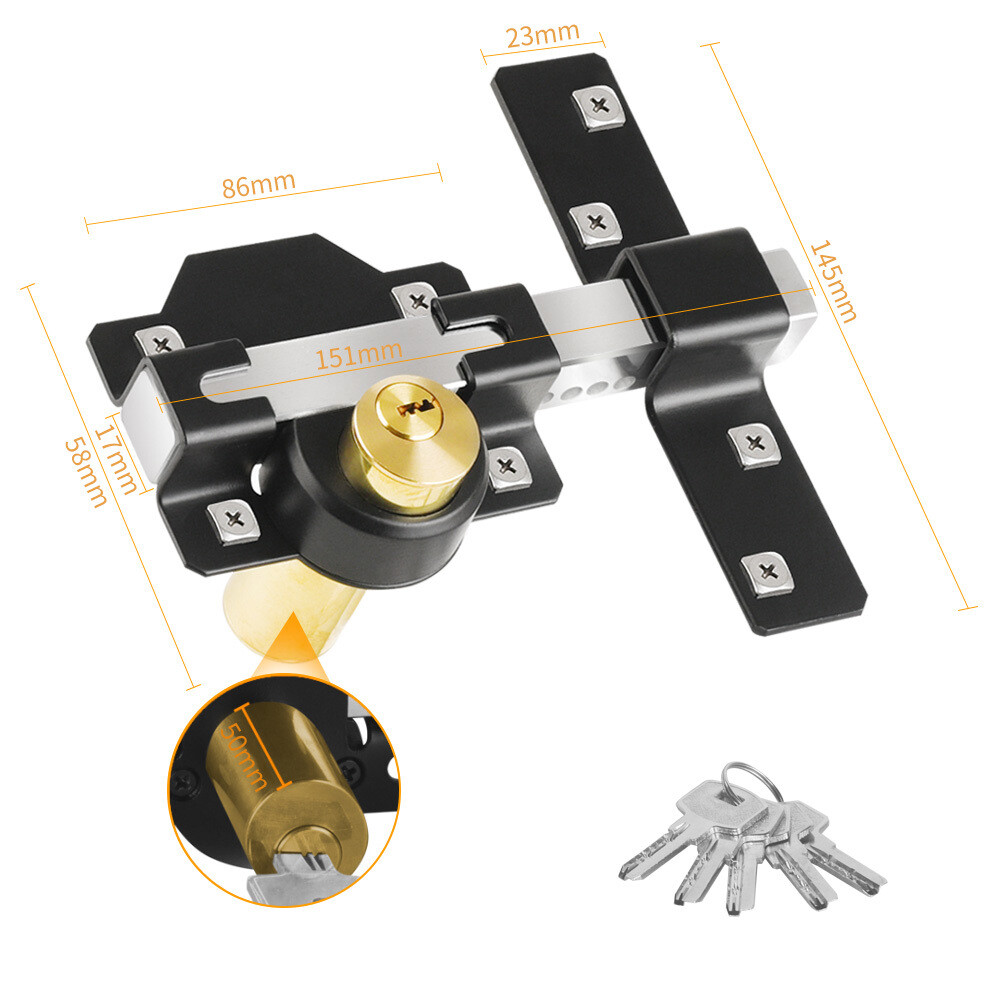 50/70mm Double Long Throw Gate Lock 5 Keys Garden Locking Both Sides Home Update
