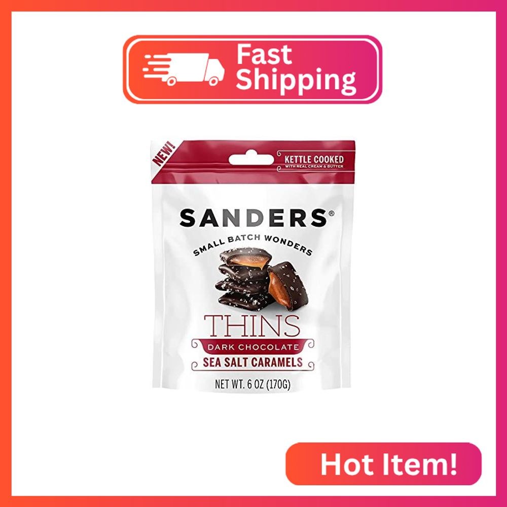 Sanders Dark Chocolate Sea Salt Caramel Thins, 6 Ounce Bag, Kettle Cooked, Made