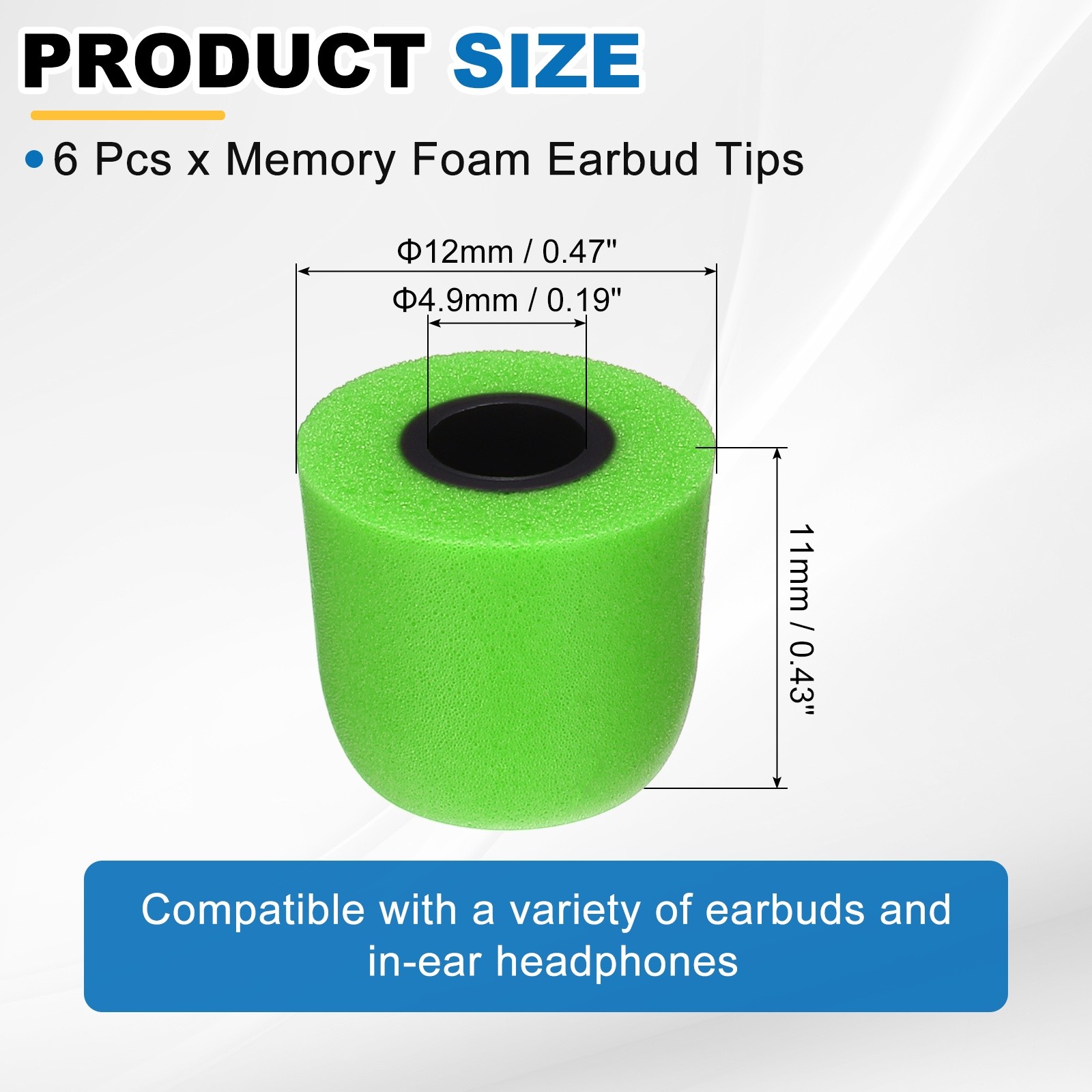 Memory Foam Earbud Tips (4.9mm/0.19"), 6Pcs - Medium Ear Bud Tips, Green