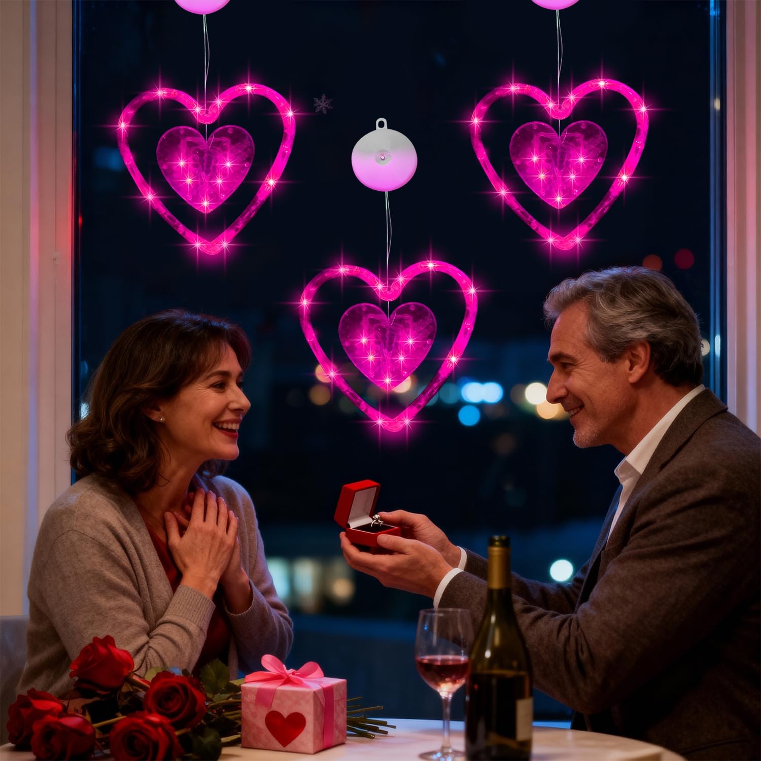 Artmag 3 Pcs Valentines Day Window Lights Decorations with Timer, Double Pink
