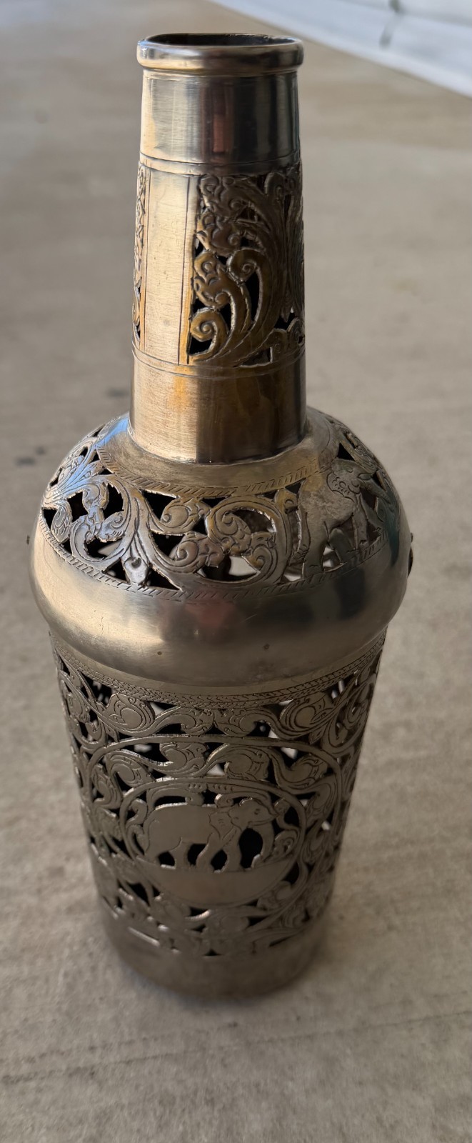 Vtg Indian Filigree Metal Bottle Cover with Animal & Floral Motifs - Lot # 508