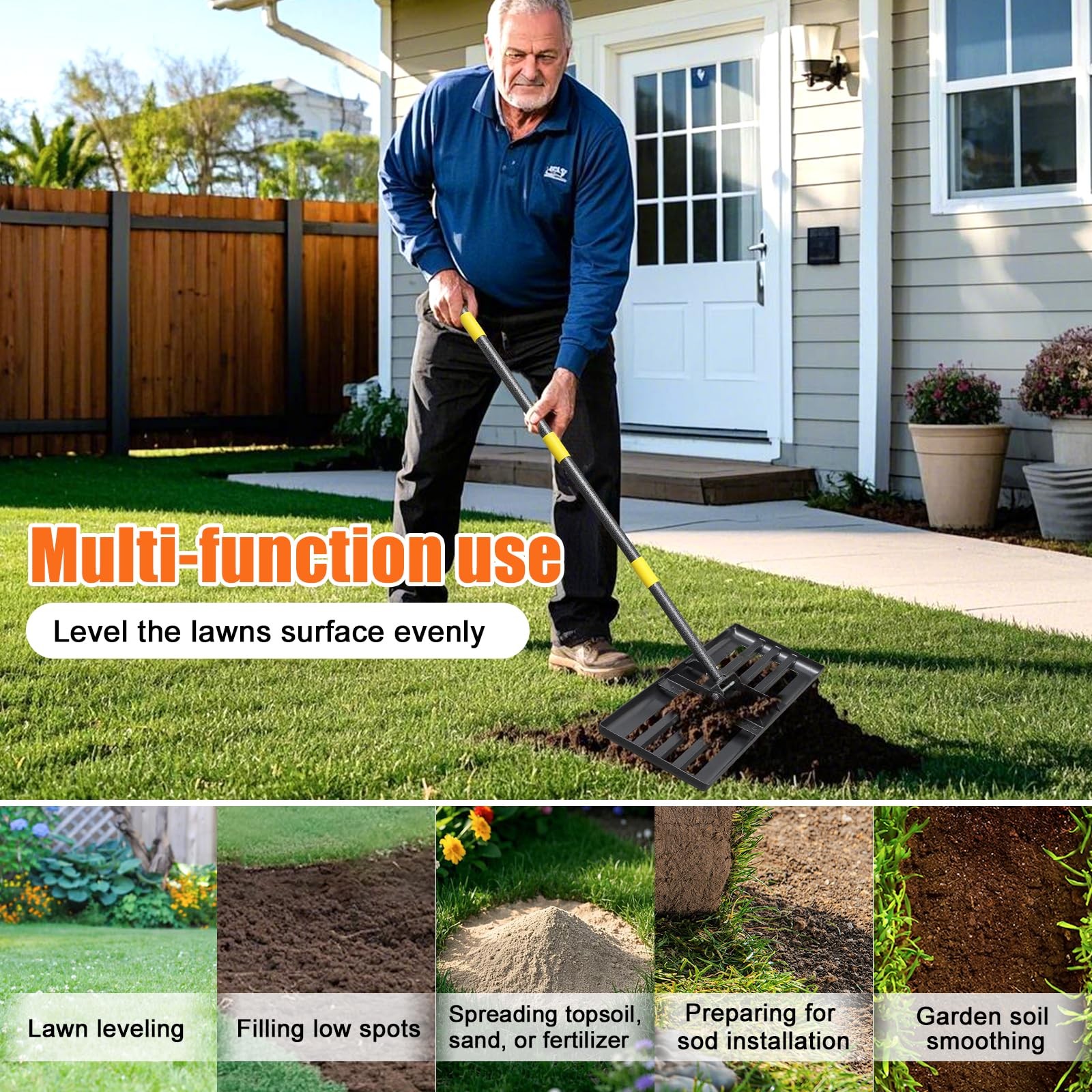 Lawn Leveling Rake, 60 Inch Adjustable Long Handle Leveling Rake, Black Heavy...