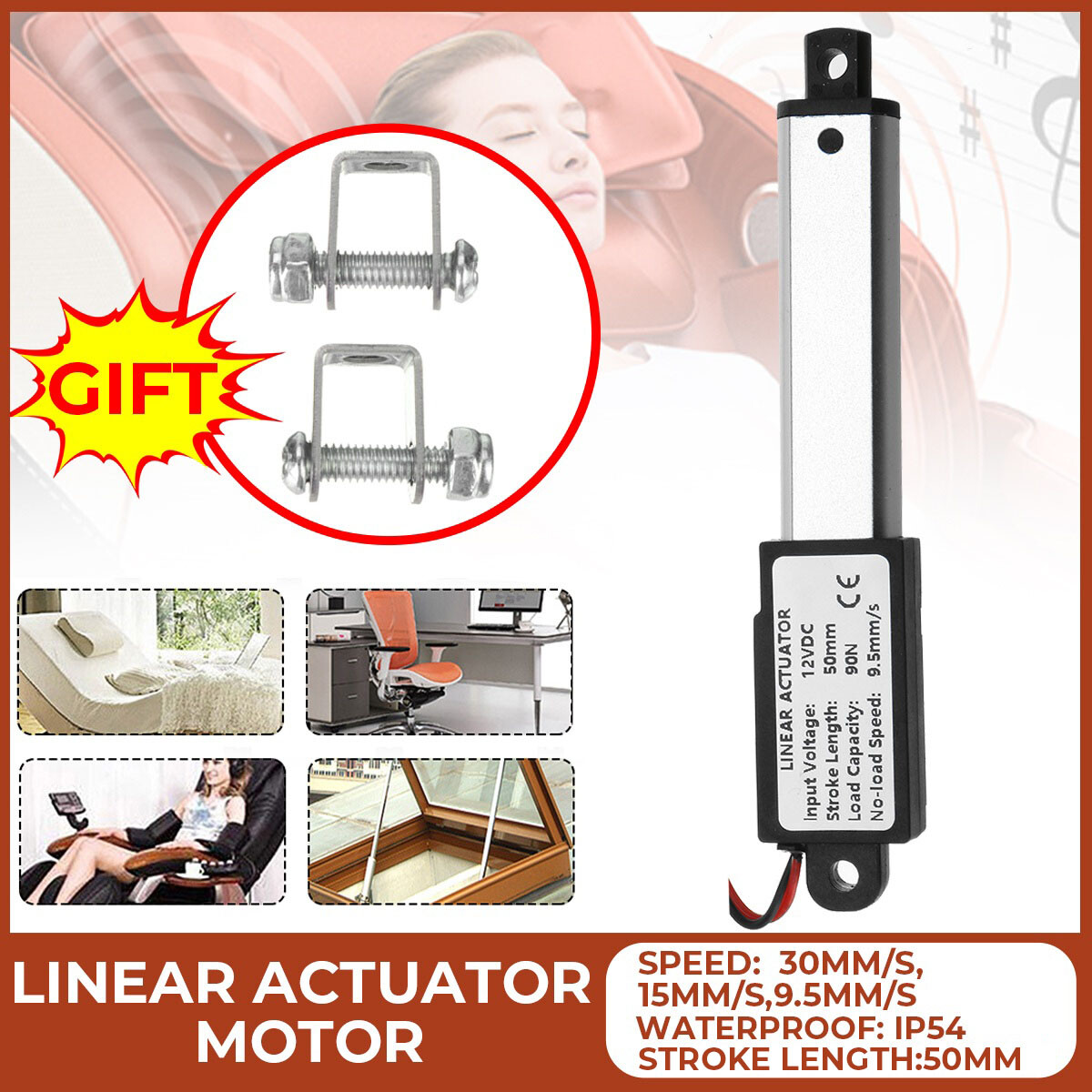 DC 12V Linear Actuator 30/60/90N 50mm Stroke Length Mini Electric Motor 3 Speeds