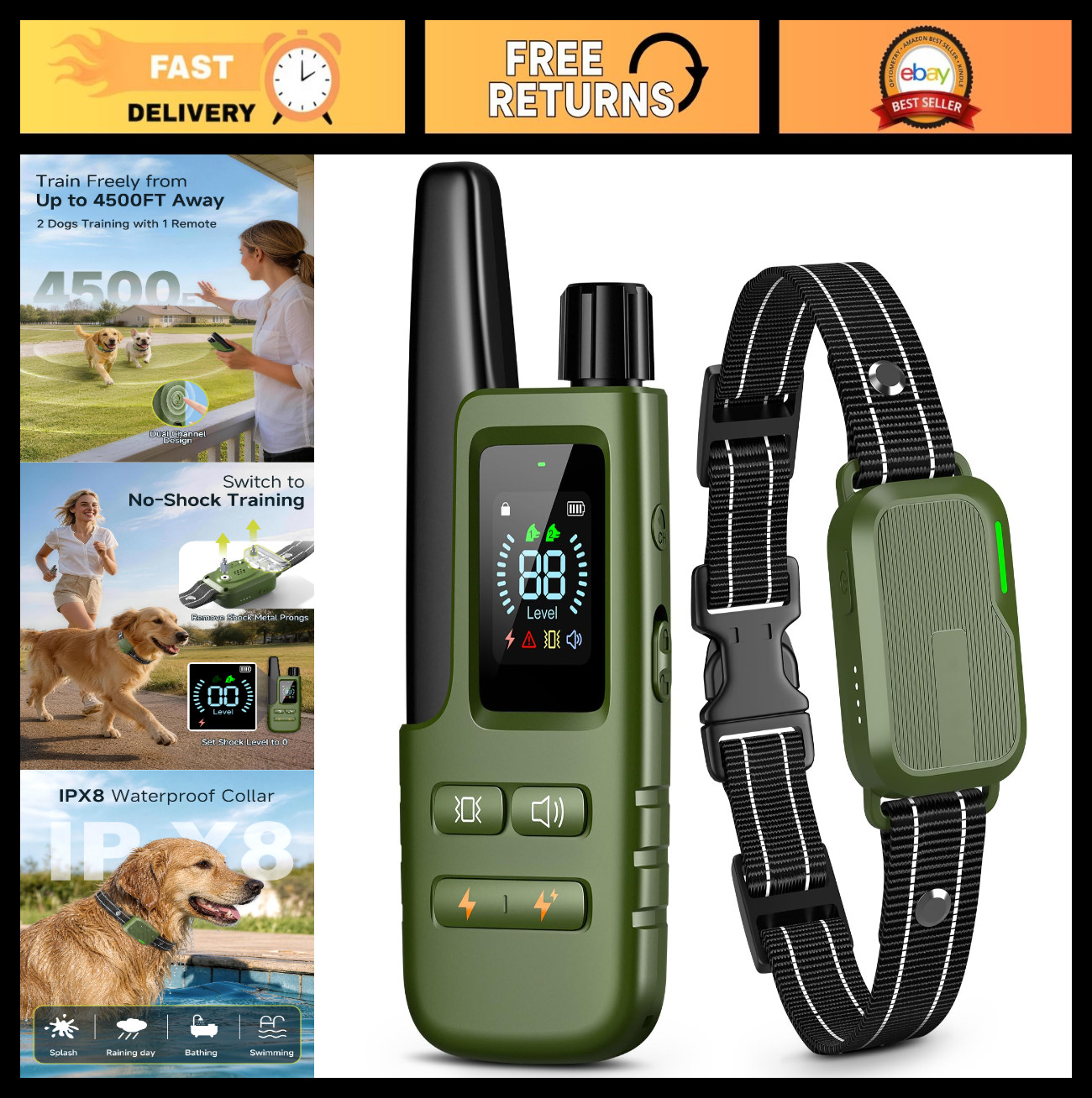 4500FT Dog Training Shock Collar with Remote - Waterproof eCollar for 10-120lb D