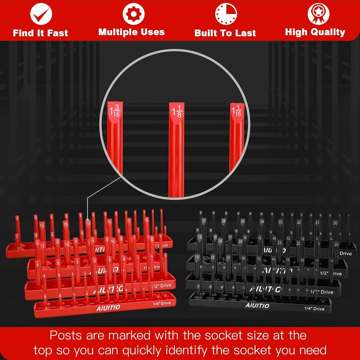 Mechanic Tool Organization - 6/8 Piece Socket Tray Set Red Sae Black