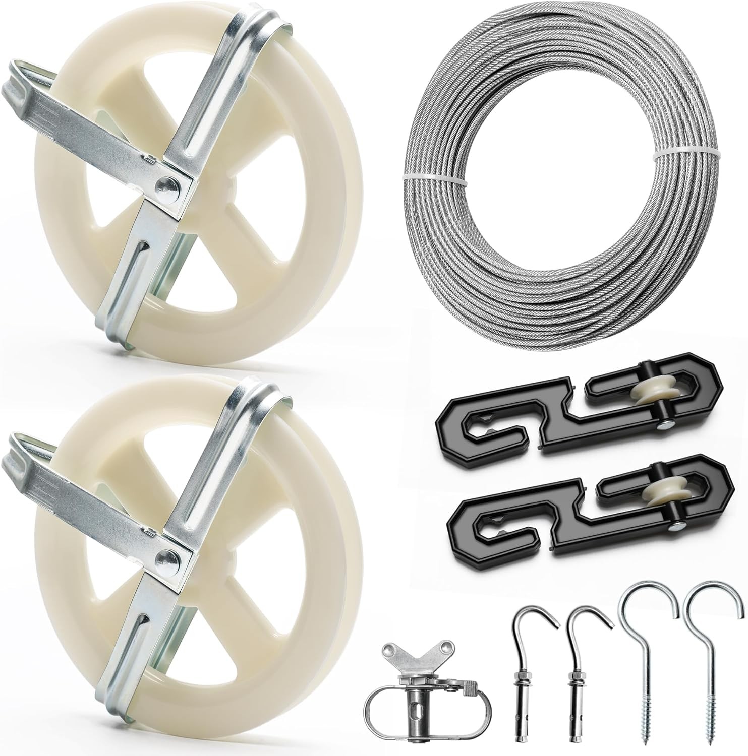 Outdoor clothesline set, includes clothesline pulley assembly,