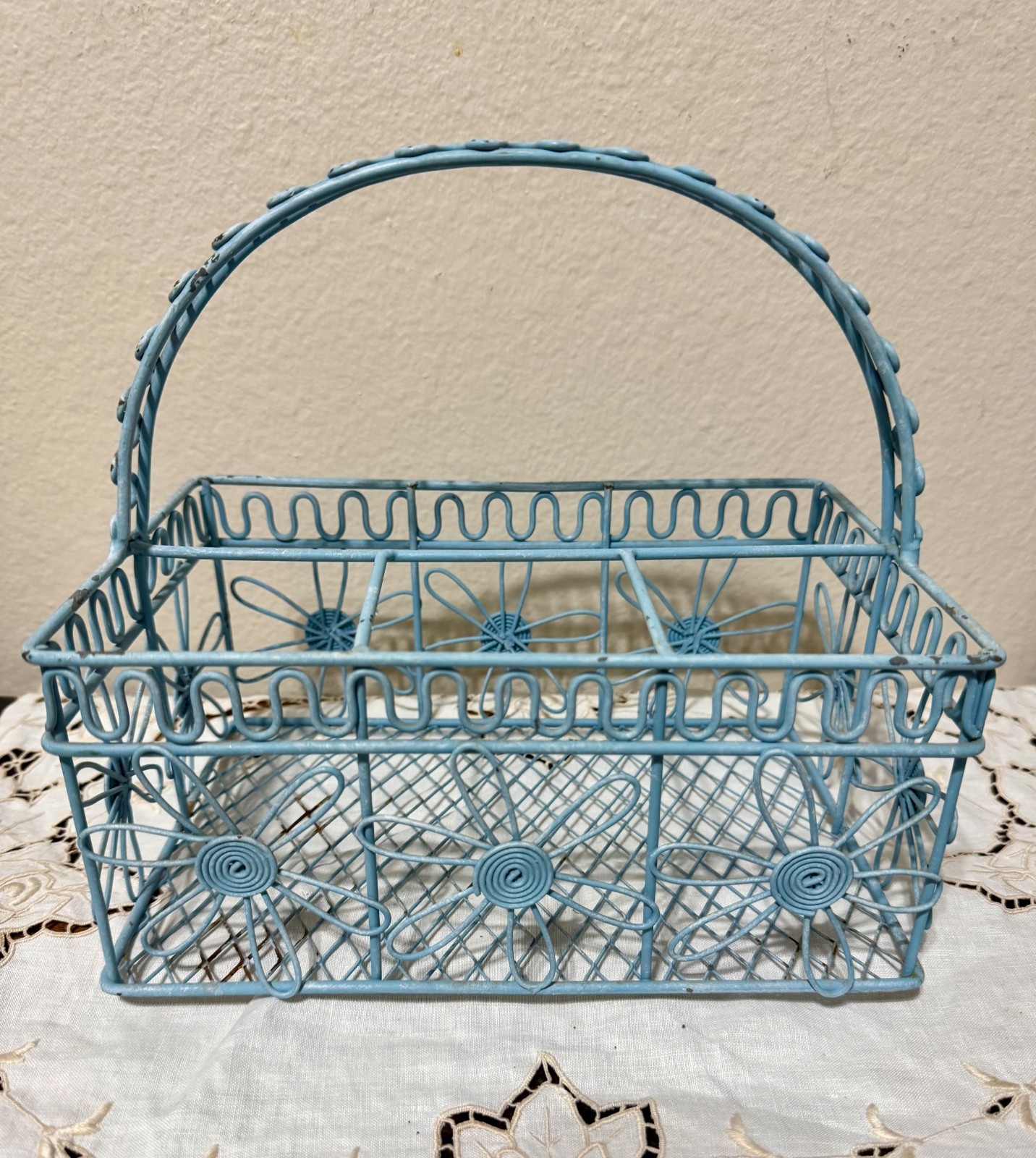 Vintage Metal Covered Sectional Spring Rustic Basket Eggshell Blue