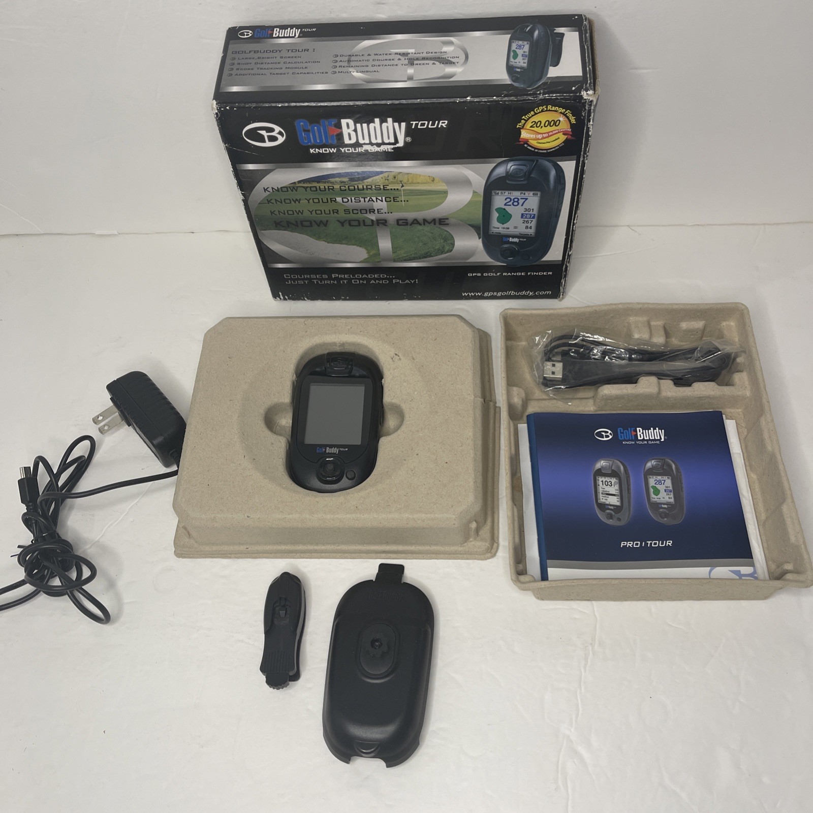 Golf Buddy Tour with Manuals, Belt Clip, Wall Charger, and USB charging cable.