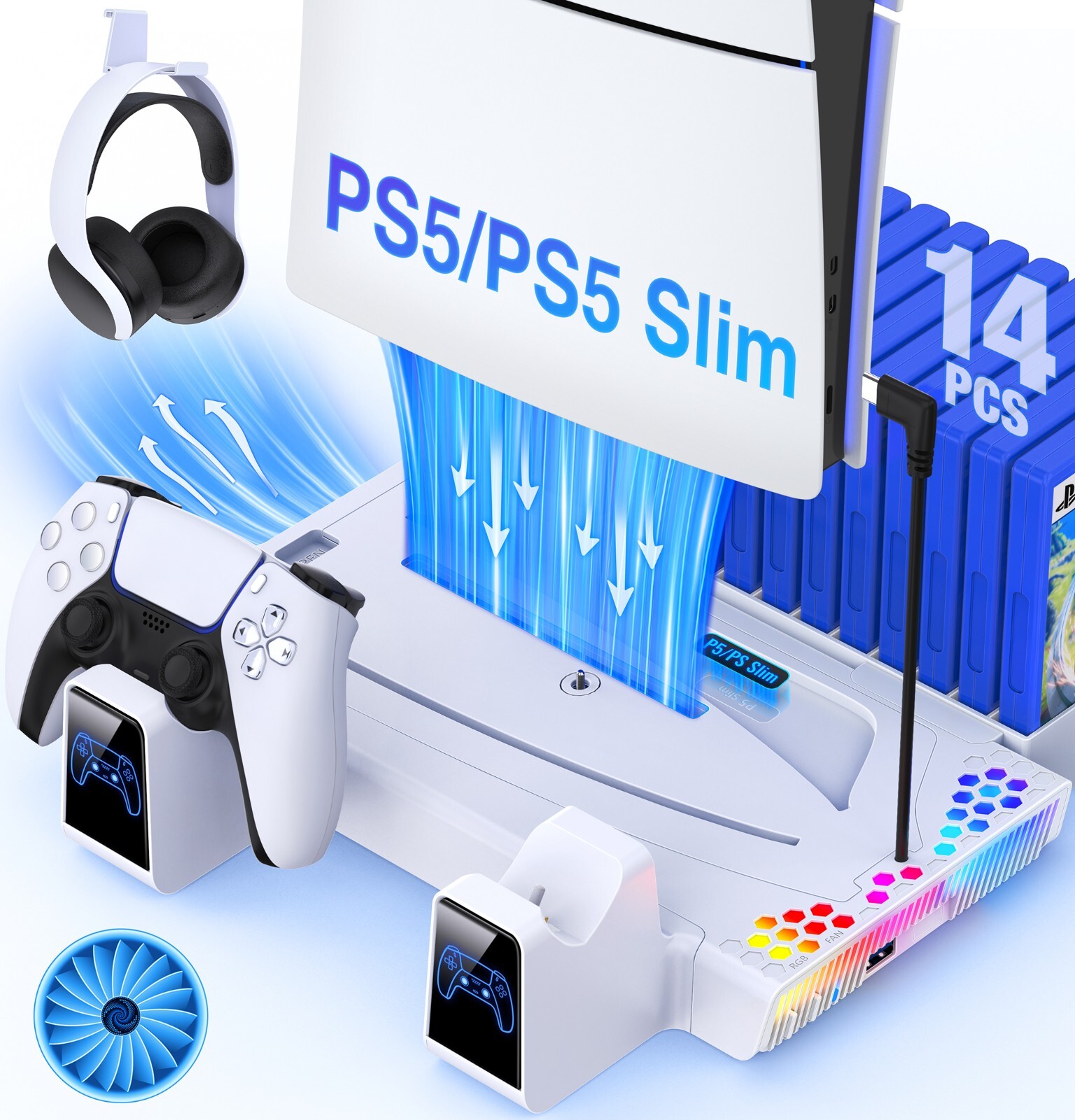 PS5 Slim Stand Cooling Station+Controller Charger for PlayStation 5 Disc/Digital