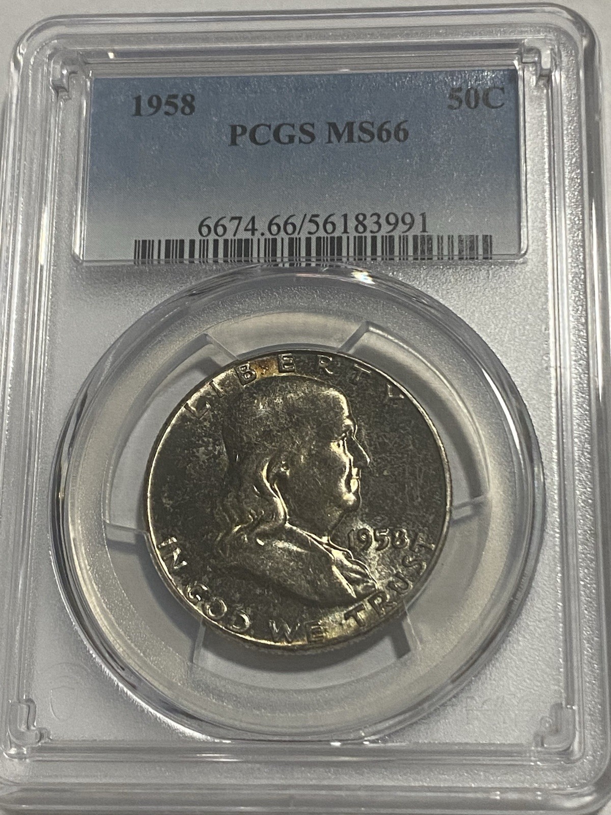 1958 FRANKLIN HALF DOLLAR PCGS MS66 SILVER UNCIRCULATED OBVERSE/REVERSE TONING!