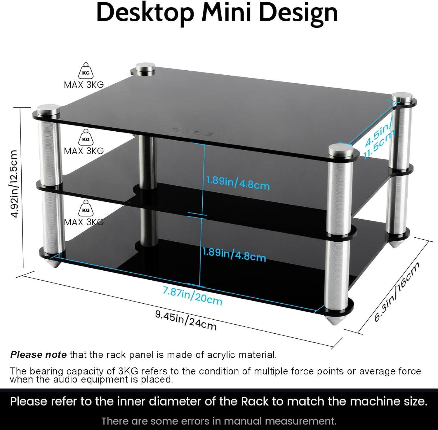 Mini Audio Component Rack Black Acrylic 2-Layer Rack Aluminium Holders