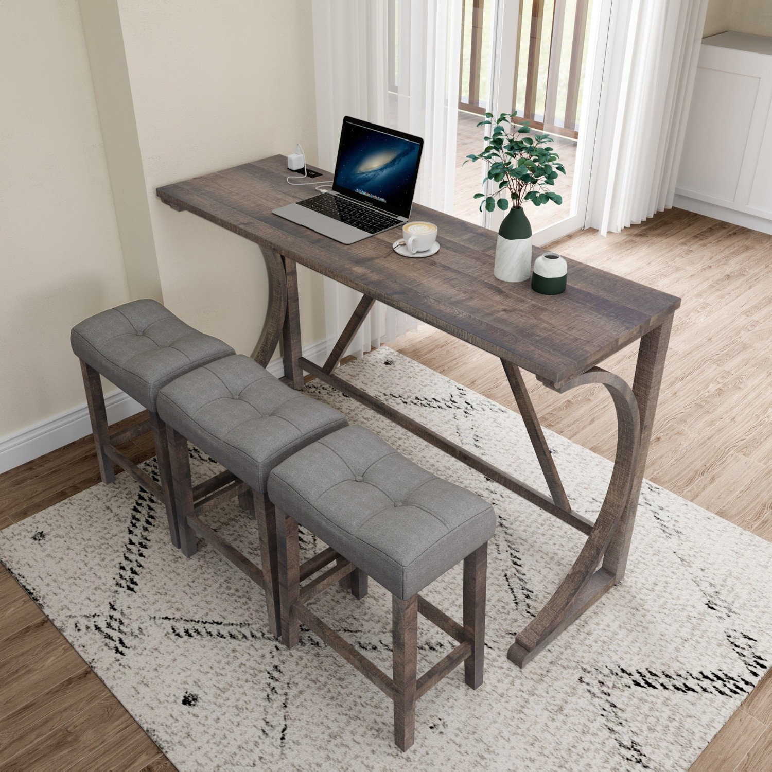 Modern 4 Piece Bar Table Set w/ 3 Saddle Bar Stools & USB Port for Small Spaces