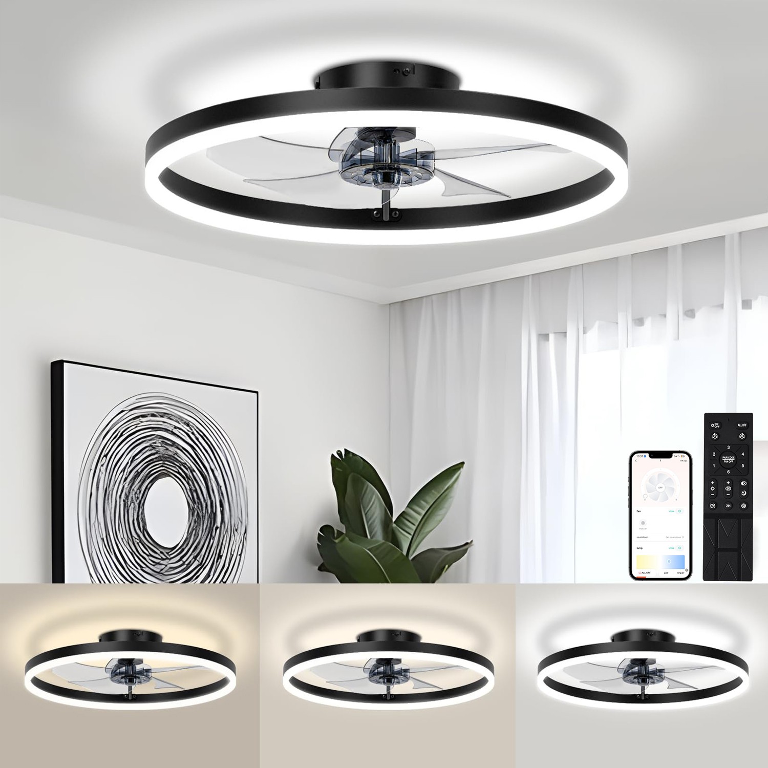 20 inch Black Flush Mount LED Ceiling Fan with Light Remote APP Control Modern