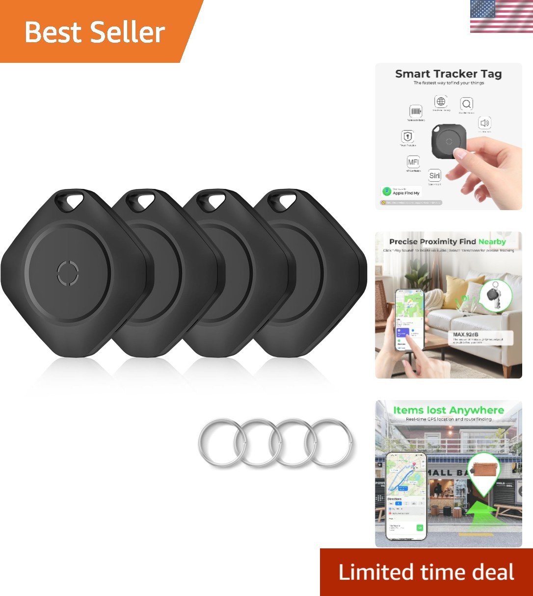 Waterproof Tracker Tags - Real-Time Location & Loud Beep Alert, 4 Count