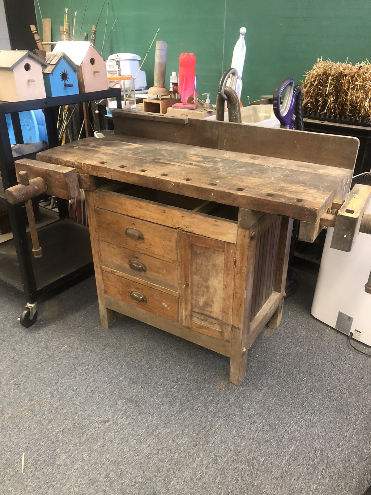 antique carpenters Cabinet Work Bench With 2 Vises Vintage Christiansen