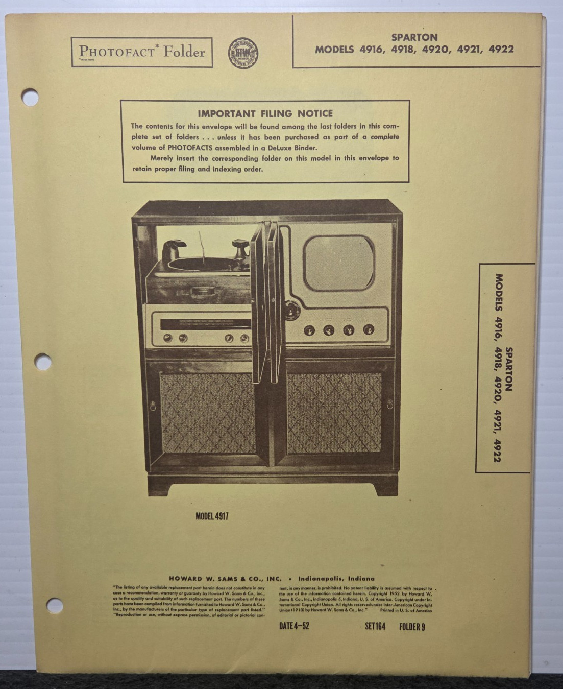 SAMS TELEVISION SERVICE MANUAL 164-9 SPARTON 4916 4918 4920 4921 4922