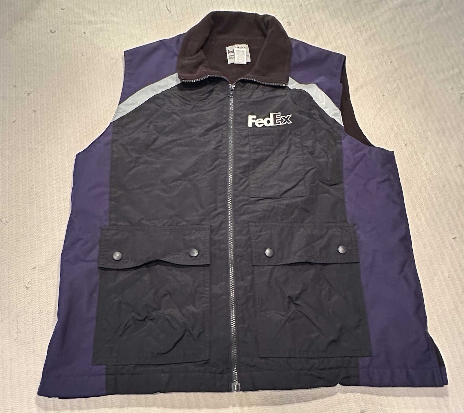 FedEx Vest Stan Herman XL Black Purple Costume Zip Up Fed Ex Reflective