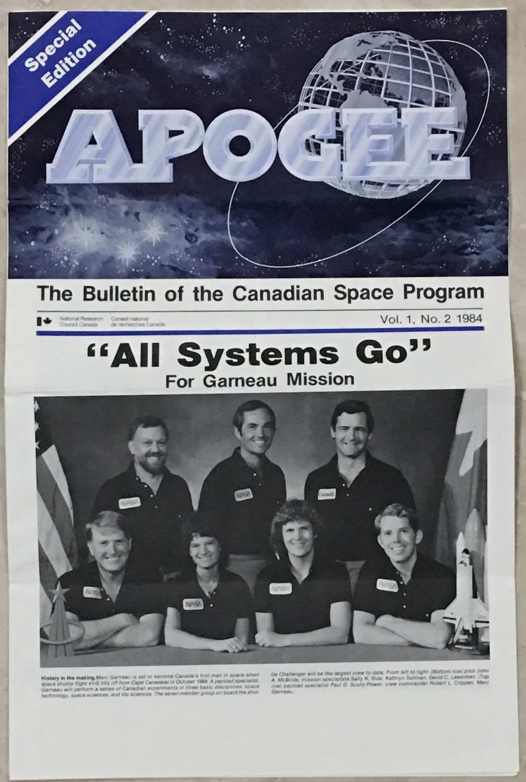 STS-41G  SALLY RIDE MARC GARNEAU CANADIAN SPACE PROGRAM 1984 APOGEE NEWS