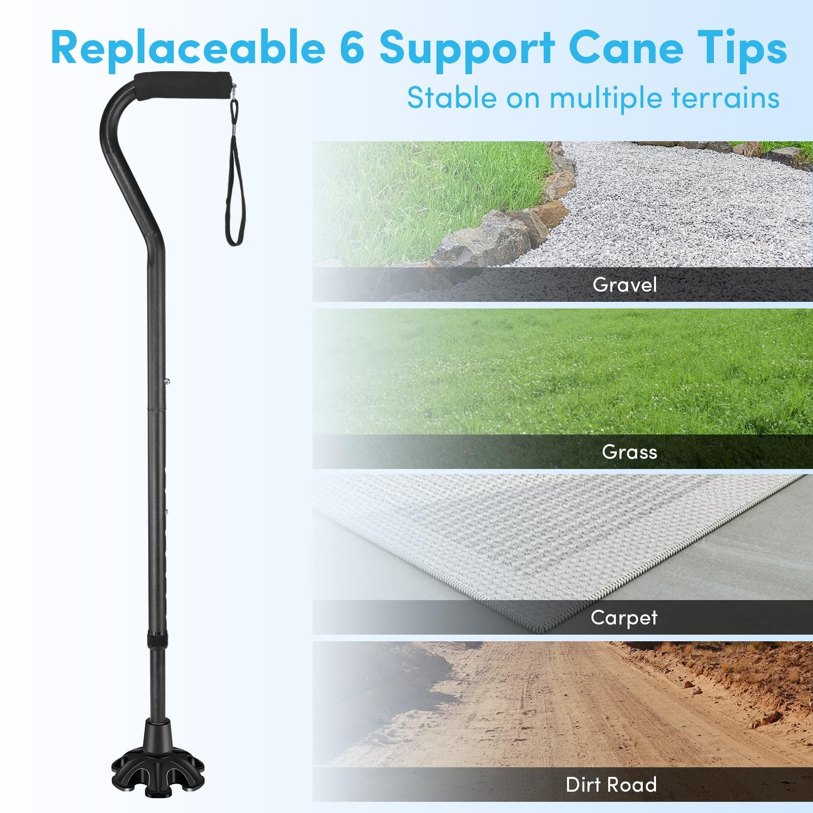 Adjustable Walking Cane, 4-Prong Base, Foldable, Foam Offset Handle, 3 Tips