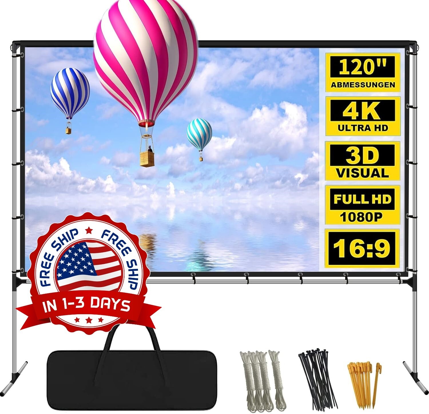 Pantalla de cine portátil plegable de 120 pulgadas 16:9 con bolsa de transporte