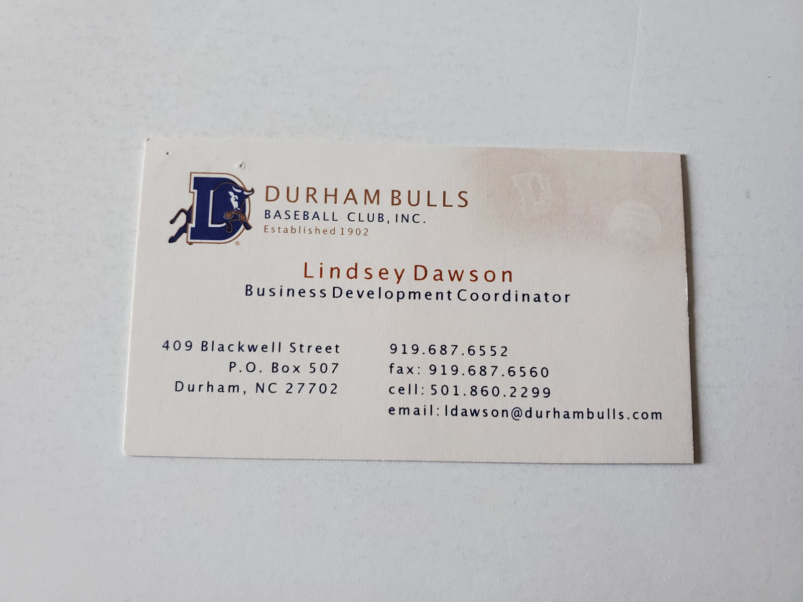 Durham Bulls Minor Baseball Business Card - Lindsey Dawson