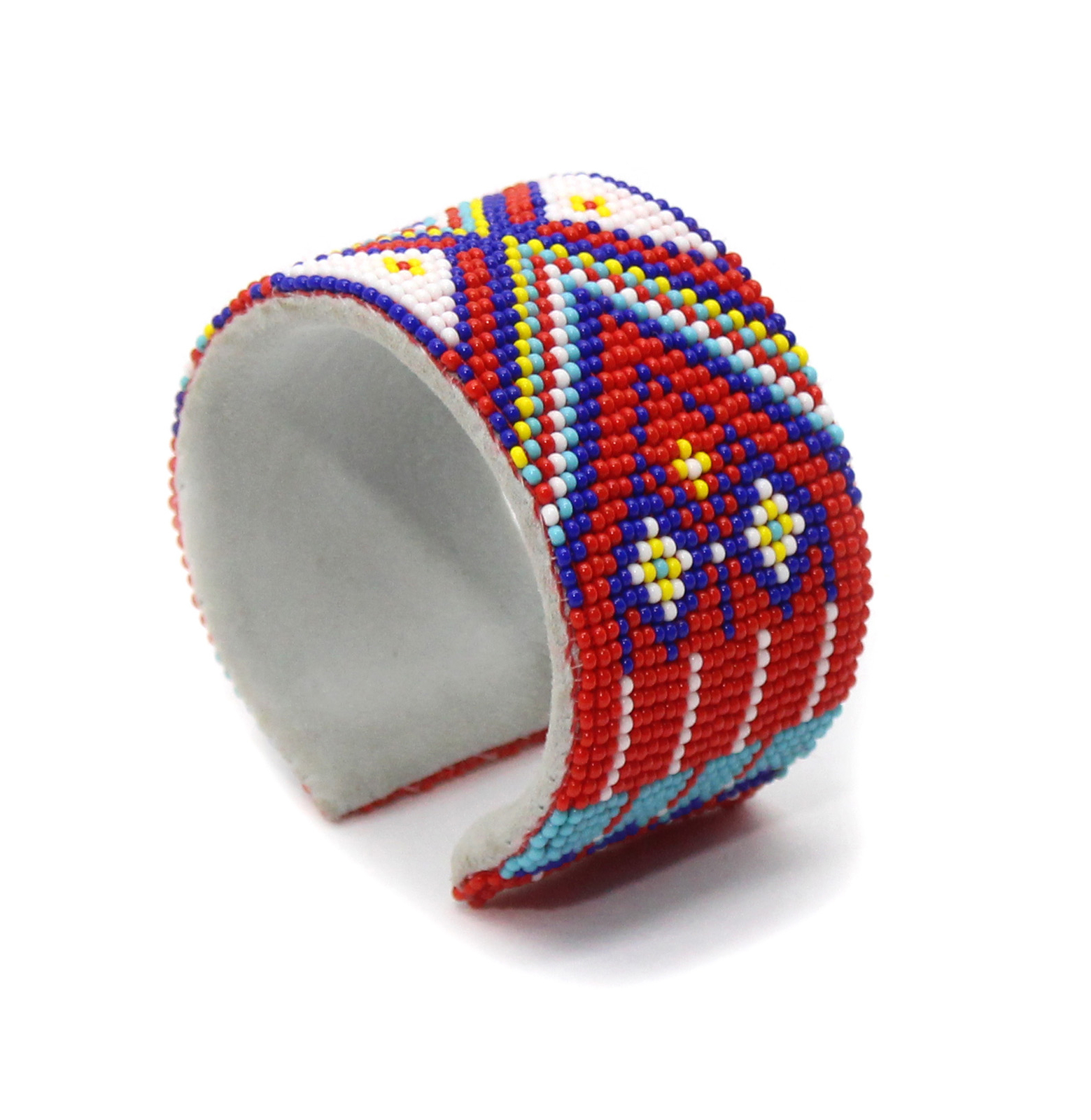Handmade beaded Red Multi-colored Leather Hard Cuff bracelet