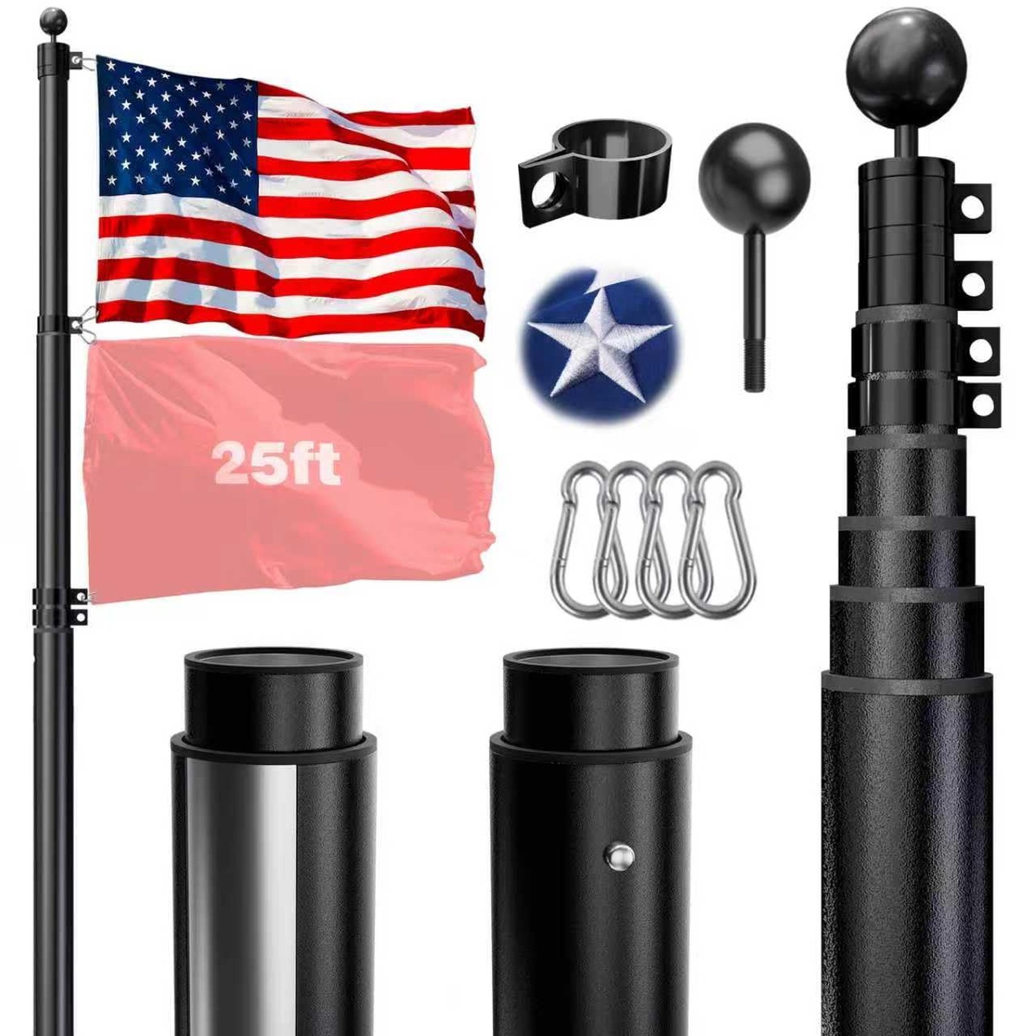 HAYOHRT 25FT Telescoping Flag Pole 12 Gauge Extra Thick Telescopic FlagPole w...