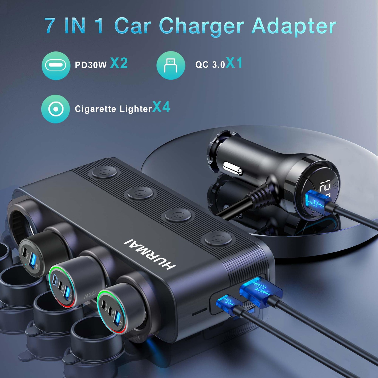 Cigarette Lighter Splitter Adapter 216W 4 Socket USB C PD30W QC3.0 12V 24V