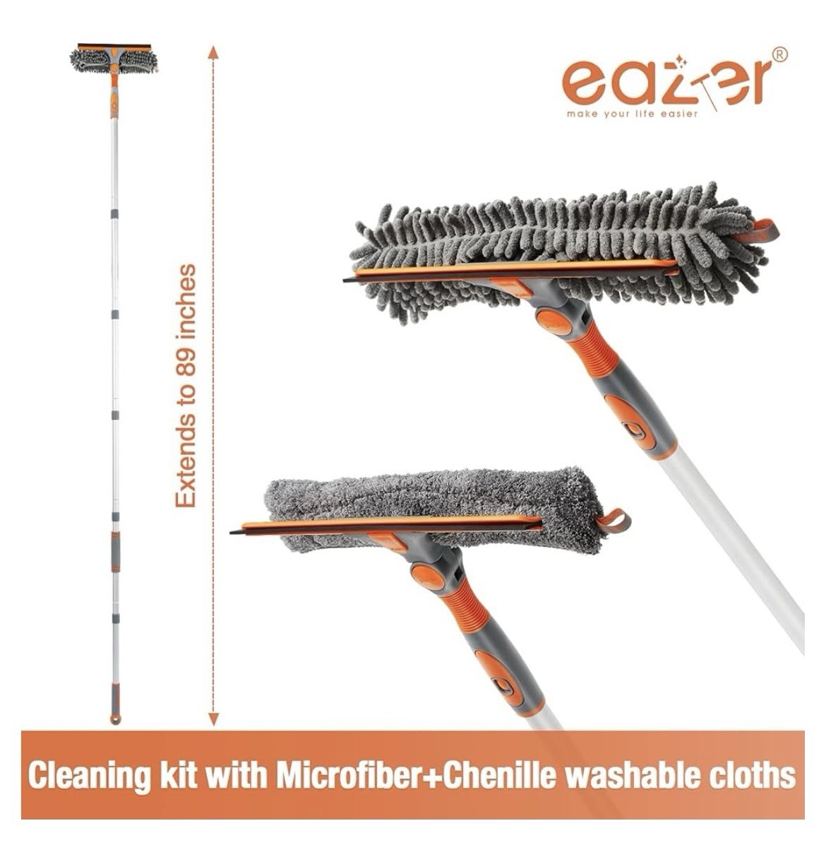 Eazer 89” Squeegee Window Cleaner Kit Adjustable Extending Arm Indoor Outdoor