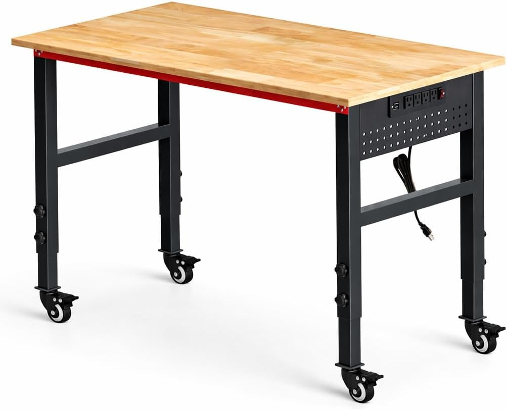 48" Workbench with Wheels, Adjustable Height Workbench with Power Strip & Pegboa