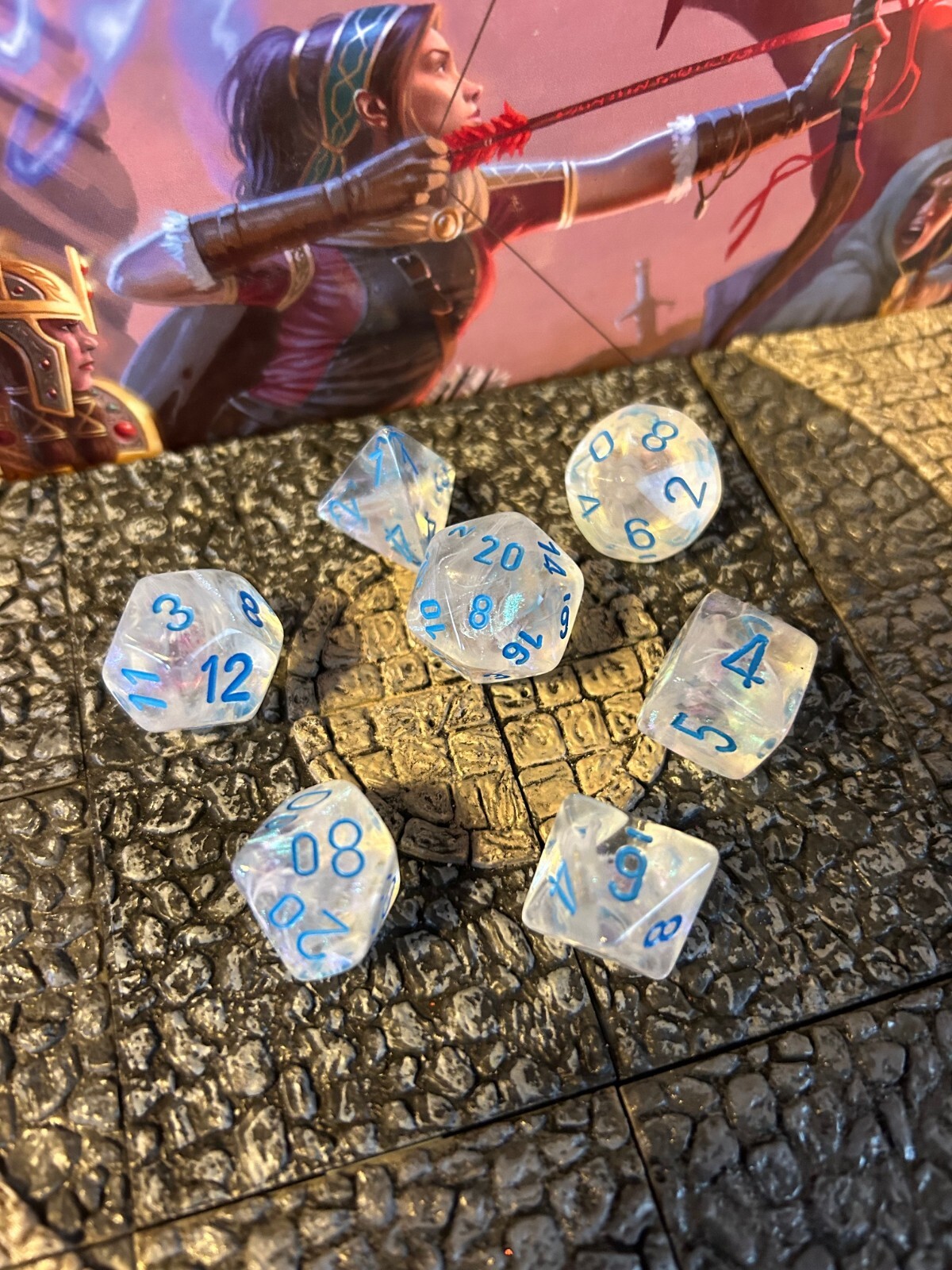 Clear Iridescent Opal w/ Blue numbers 7 pc Dice Set D&D dungeons dragons resin