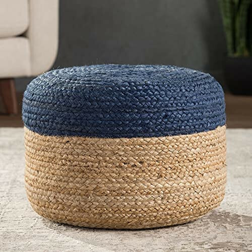 Pouf Jute Handmade Natural Braided 18"x18"x12" Beige & Blue round cushions Cover