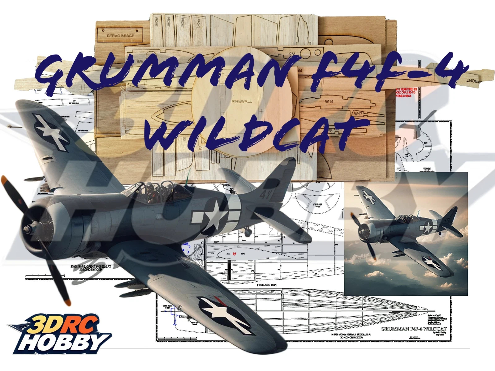 Grumman F4F-4 Wildcat 46" WS RC Airplane Kit Laser Cut Balsa Ply Short Kit Plans