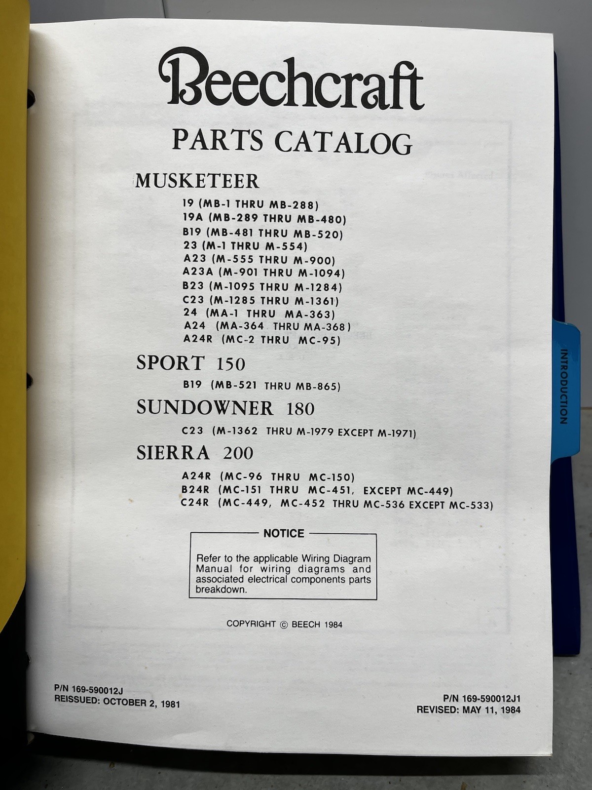 Beech Musketer Sport 150 Sundowner 180 Sierra 200 Parts Catalog 169-590012J OEM