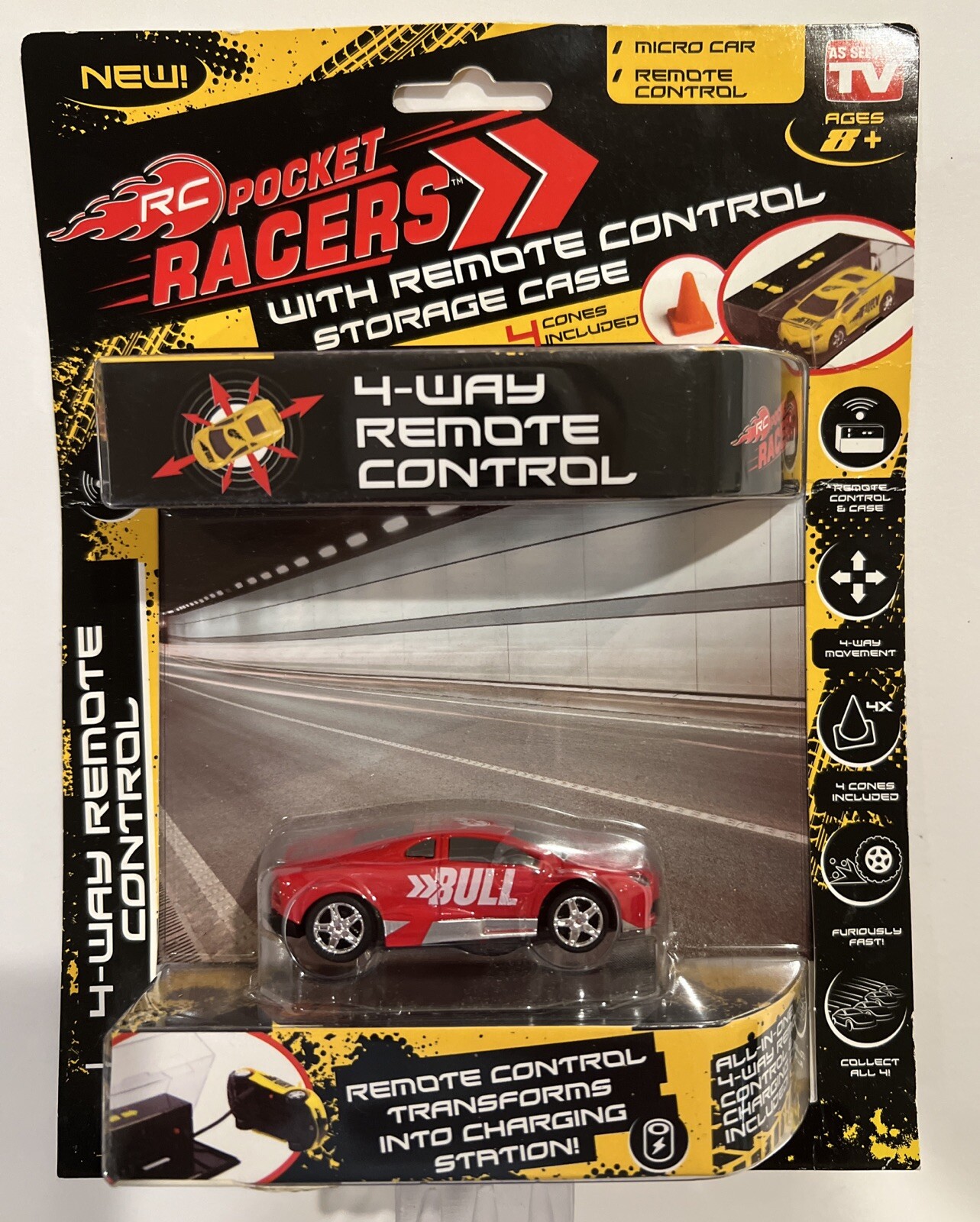 NEW RC Pocket Racers Micro Car w/4 Way RC Charging Station - Model Is BULL