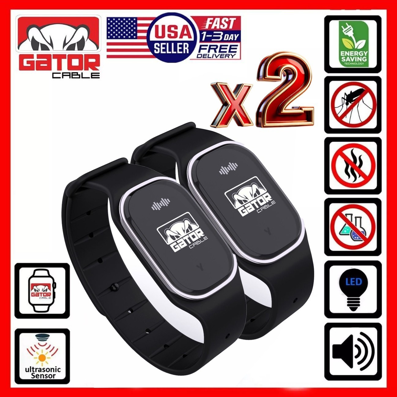 2-Pack Ultrasonic Anti Mosquito Insect Pest Repellent Repellent Bracelet Band