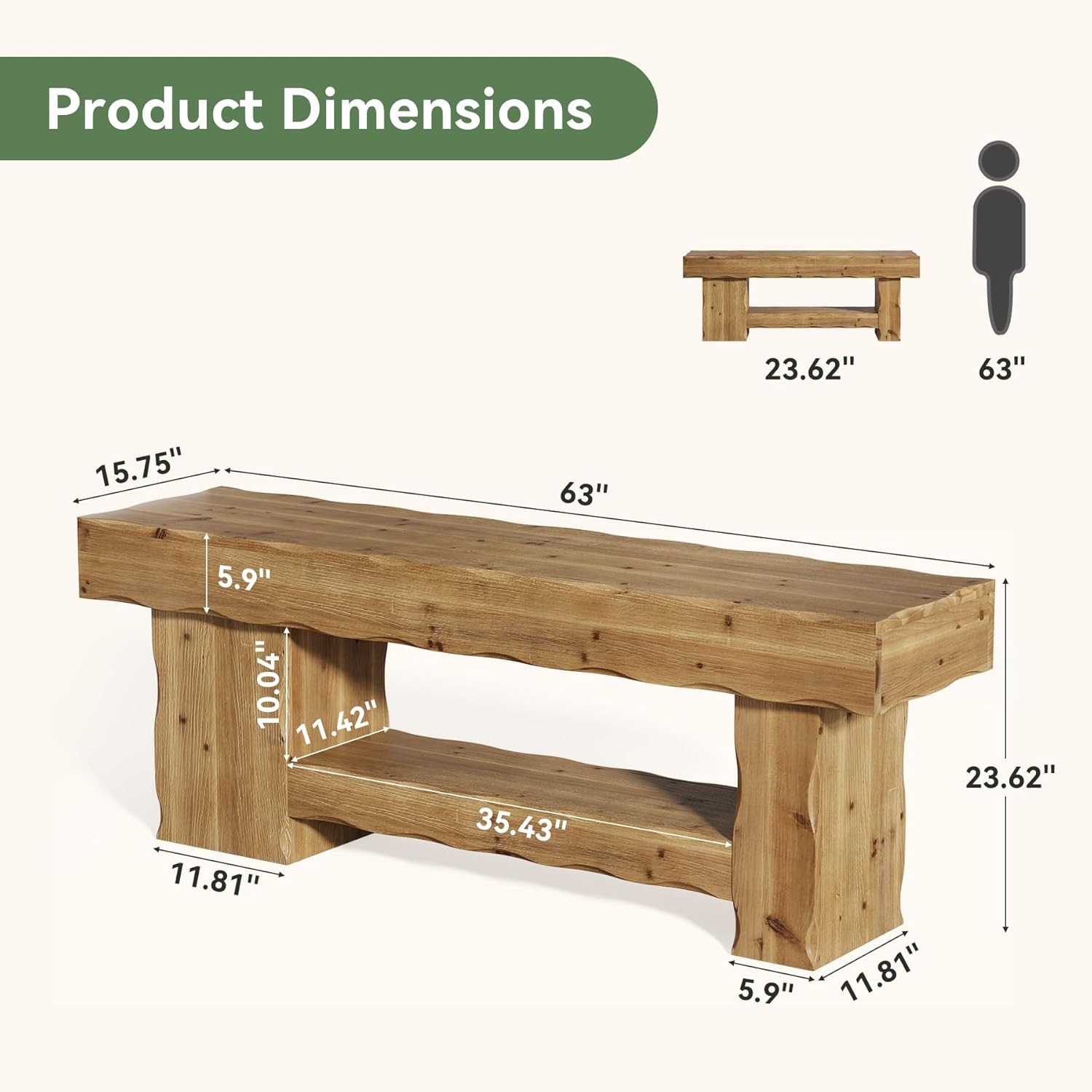 63'' Solid Wood Entryway Bench 2-Tier Farmhouse Shoe Rack Bench for Hallway