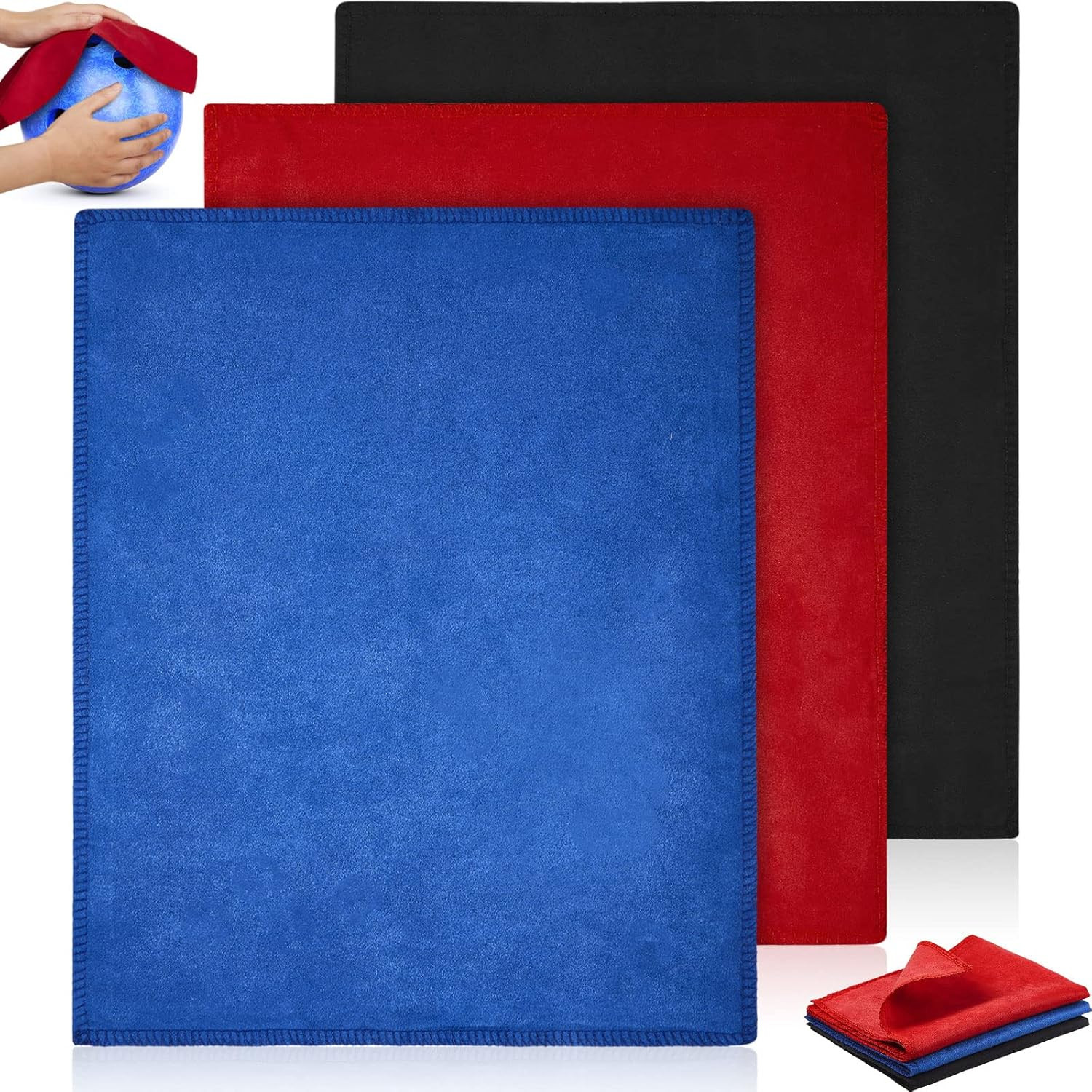 3 Pcs Bowling Ball Shammy Towel Pad Accessories (12 X 10 Inches, Blue, Red, Blac