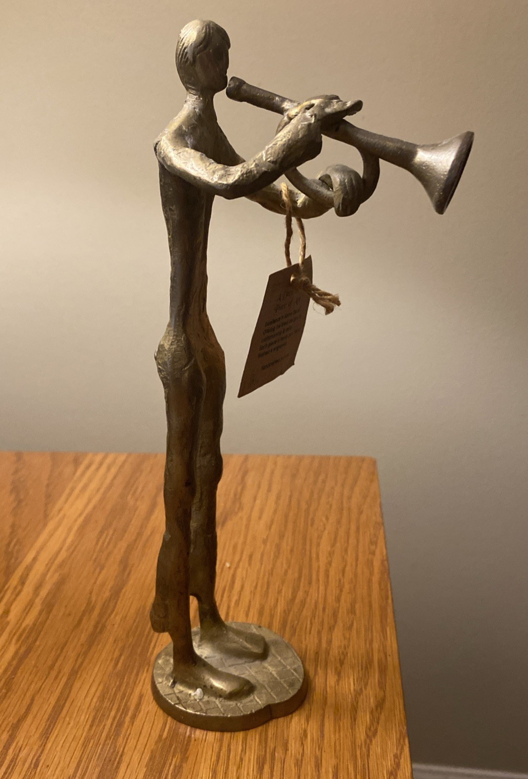 Vintage Cast Iron Metal Musician Figurine Trombone Player Brass 10.25" Modernist