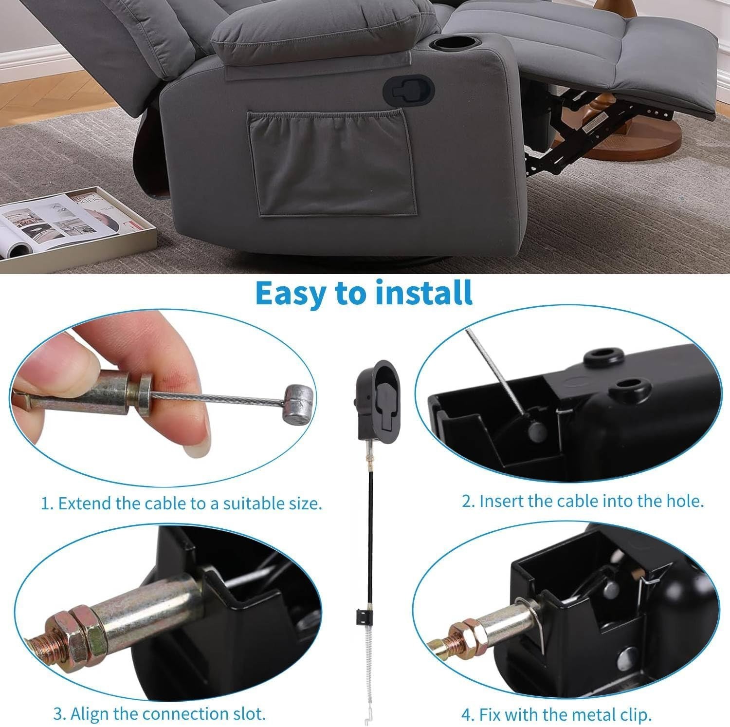 Recliner Handle Replacement Parts Cable Pull Metal Couch Latch Adjustable 4.7...