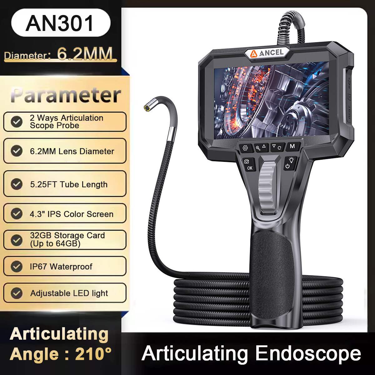 6 LED Lights Industrial Endoscope Camera 1080P 2-Way 4.3" Articulating Borescope