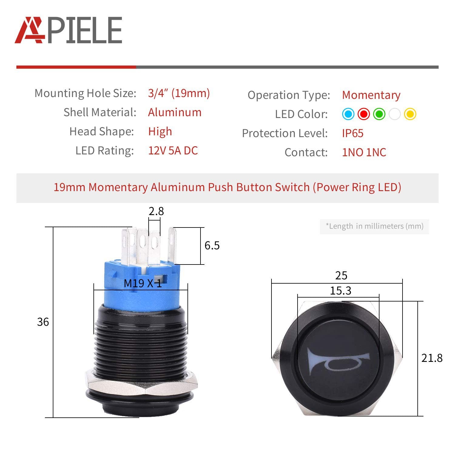 APIELE 19mm 12V Momentary Speaker Horn Push Button Toggle Black Shell-Blue